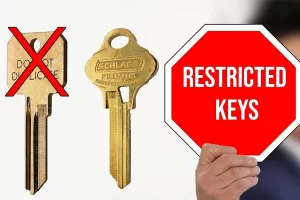 A professional locksmith in uniform handing a restricted key to a customer in a clean, modern workshop in Ottawa. Branded signage in the background, well-lit, secure environment.